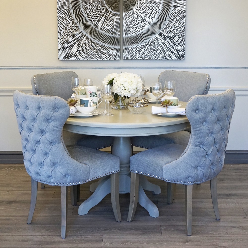 Grey round deals pedestal dining table