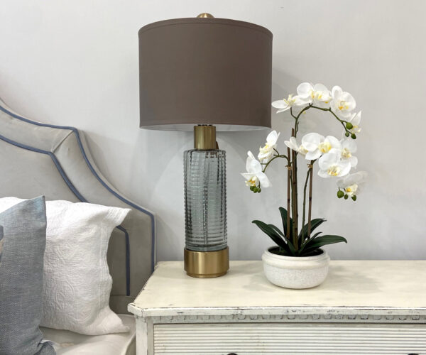 Pair of Brushed Brass & Glass Lamps with Shade