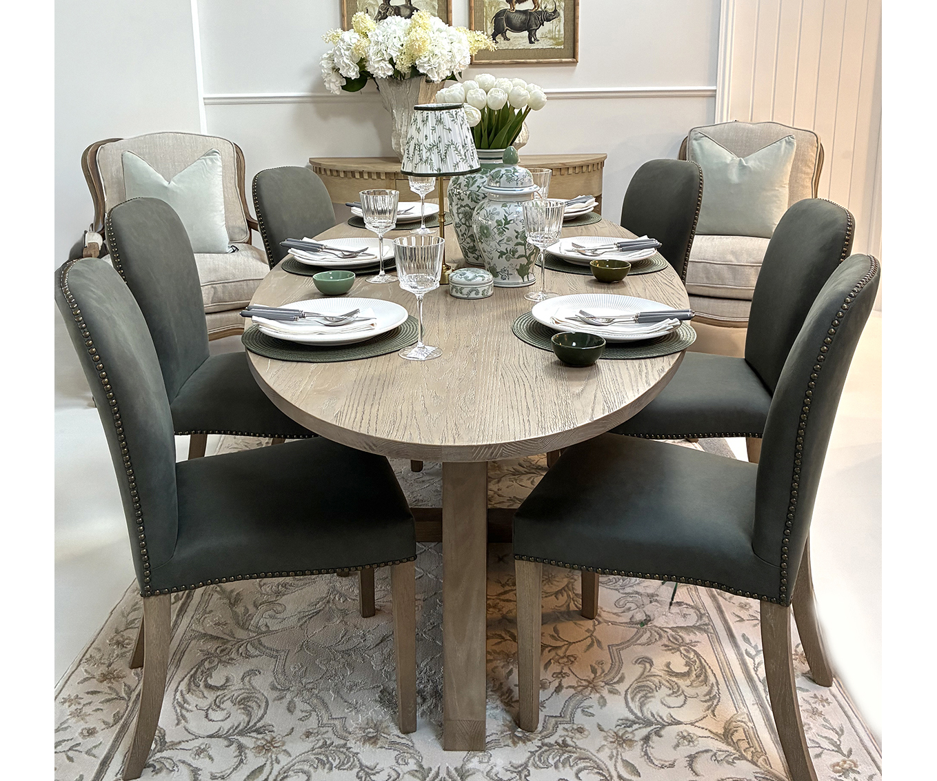Hamptons Oval Dining Table 220cm & 6 Henley Dining Chairs in Olive Gren