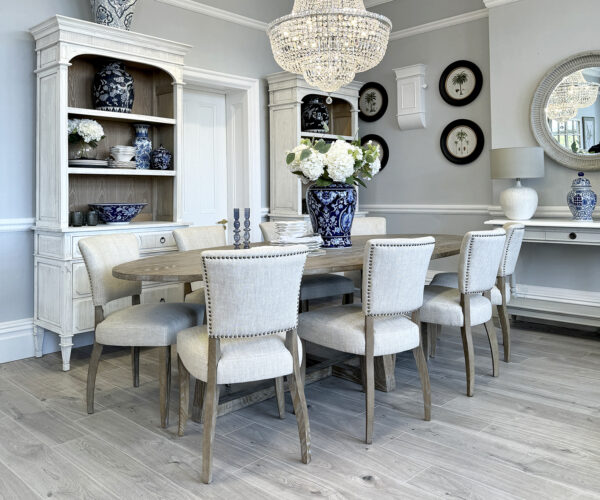 Hamptons 280cm Oval Dining Table & 8 Lars Dining Chairs in Linen or Porridge Fabric