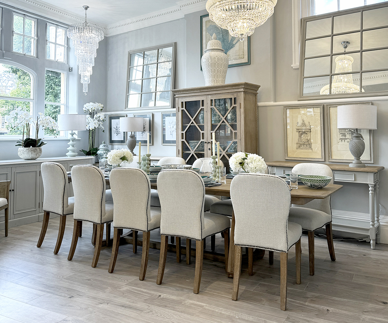 Malmo Extending Oak Dining Table & 10 Henley Dining Chairs in Wheat