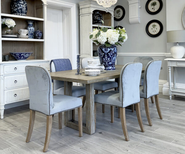 Newport Dining Table 200cm & 6 Henley Dining Chairs in Porridge or Linen Fabric
