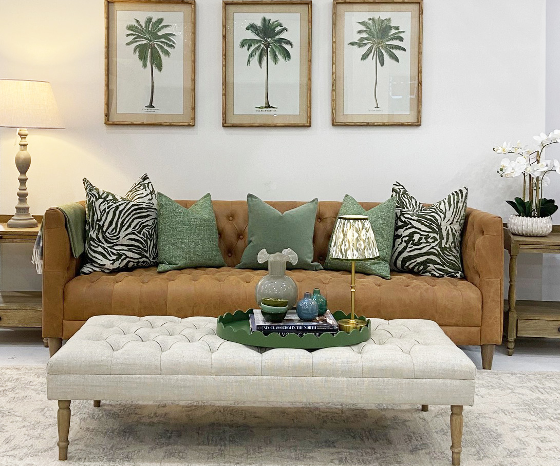 Lars 3 Seater Sofa in Tobacco Leather & Constance Footstool in Linen