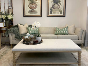 Soho 4 Seater Sofa in Linen & Bobbin Coffee Table in Wheat, 140cm