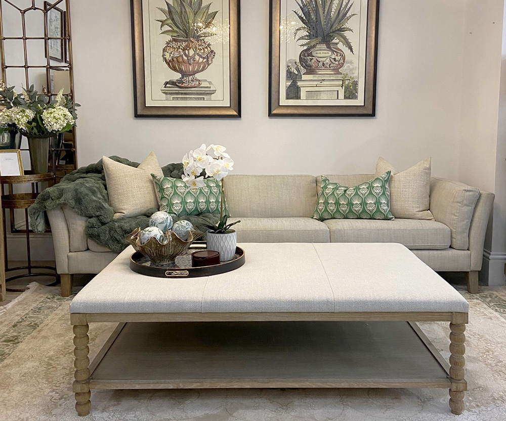 Soho 4 Seater Sofa in Linen & Bobbin Coffee Table in Wheat, 140cm