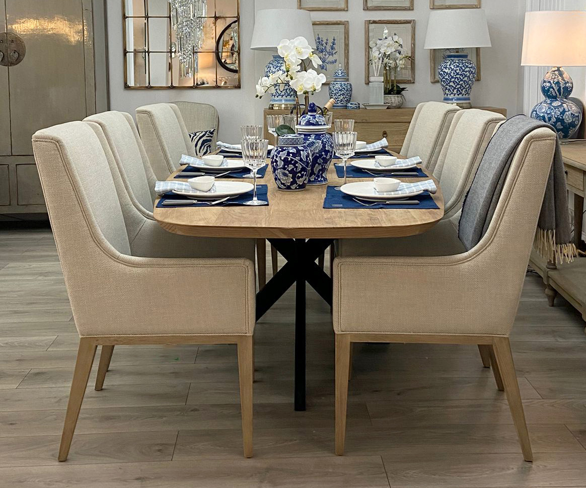 EX-DISPLAY - Solid Teak Oval Dining Table & 6 High Back Dining Chairs