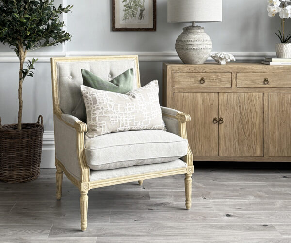 DISCONTINUED COLOUR - Louis XVI Oak Armchair in Wheat with Light Oak Frame