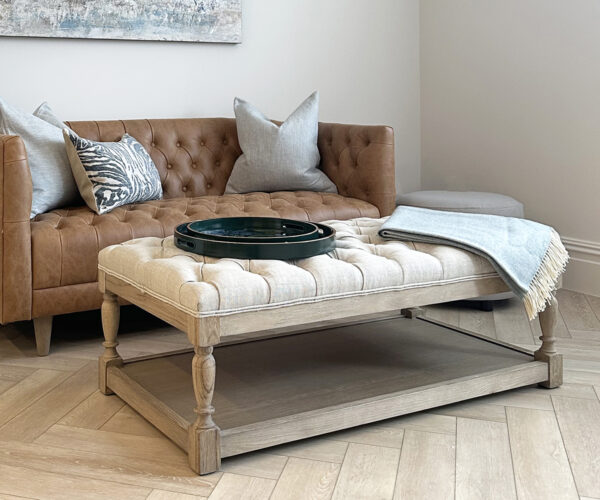 Upholstered Buttoned Coffee Table with Wooden Base in Linen