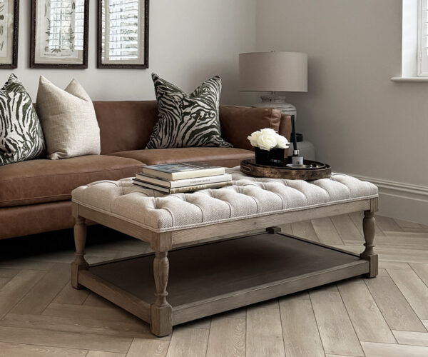 Upholstered Buttoned Coffee Table with Wooden Base in Porridge