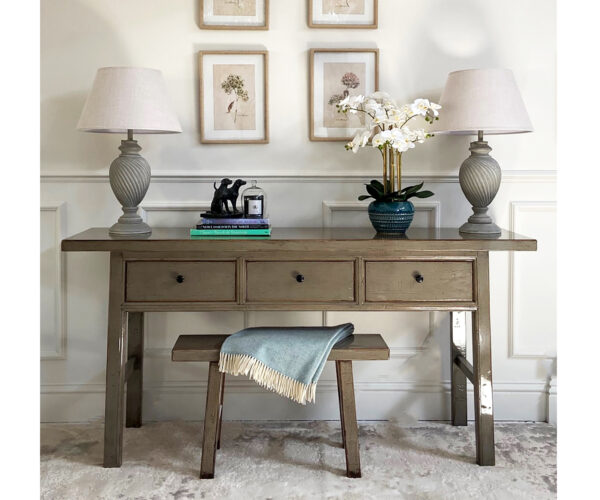 COMPLETE HALLWAY SET - EX-DISPLAY - Fujian Console Table, Medium Grey Bench Stool Lacquer & 2 Ernest Lamps