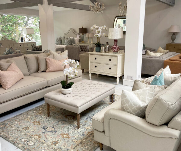 COMPLETE LIVING ROOMSET - Halland 4 Seater & 2 Seater Sofas in Parchment, Wilde Rug 160x230cm & Footstool in Arran Linen