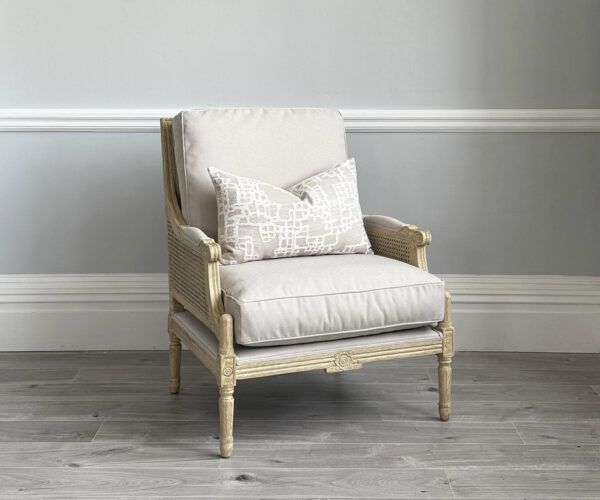 Louis XVI Rattan Back Armchair in Arran Linen with Light Oak Frame