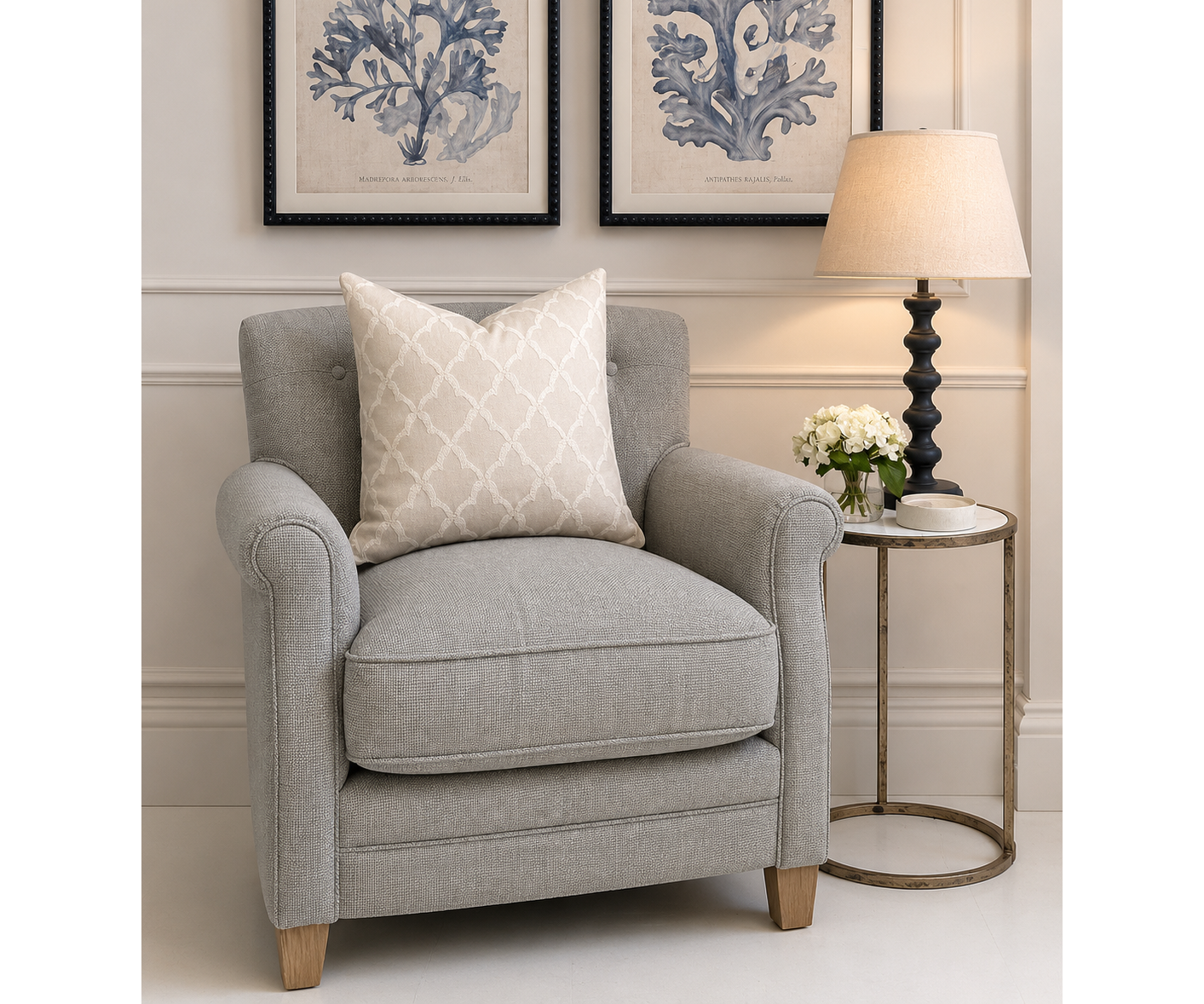 DISCONTINUED FABRIC - Karine Armchair in Swedish Grey