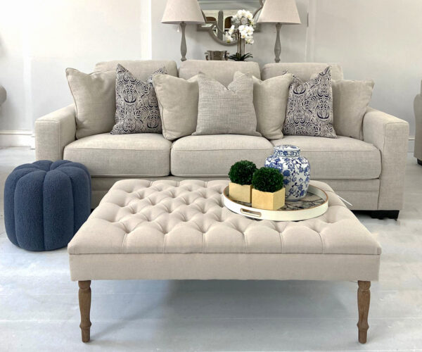 COMPLETE SET - Kingham 3 Seater Sofa in Wheat & Upholstered Footstool in Arran Linen