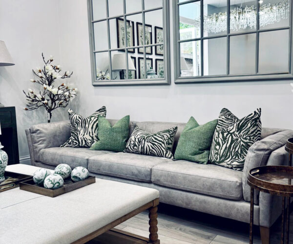 COMPLETE LIVING ROOM SET - Soho 4 Seater Sofa in Ash Grey Leather,  Halland Window Effect Mirror and 5 Feather Filled Scatter Cushions