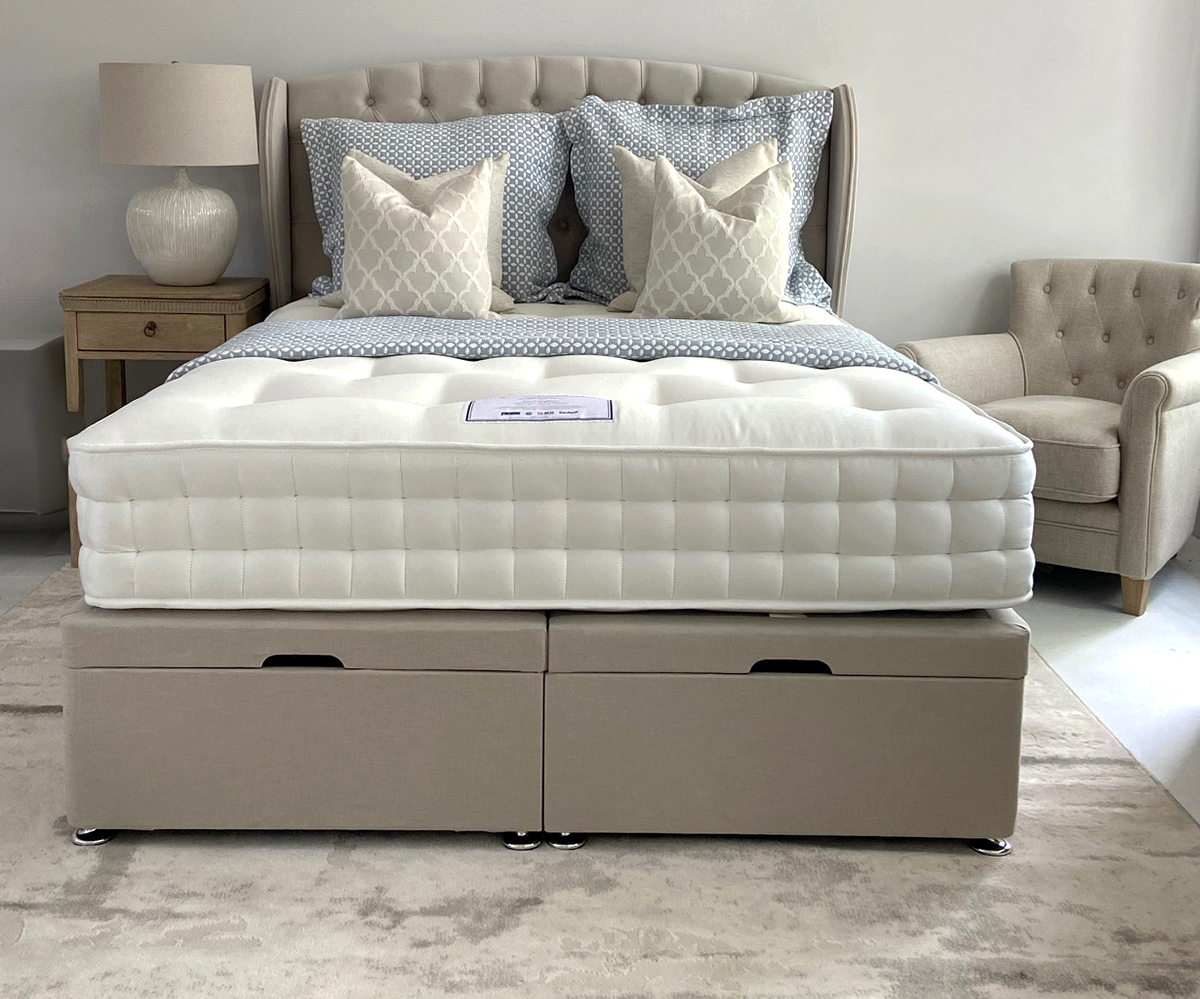COMPLETE BEDSET - King Size Chelsea Winged Headboard with Ottoman Storage Base & Sandringham 2000 Pocket Sprung Mattress