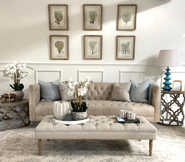 EX-DISPLAY - Lars 3 Seater Sofa in Clay Leather, Constance Footstool in Linen & Set of 6 Baros Reef Framed Prints
