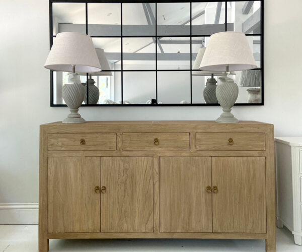 COMPLETE SET - Reclaimed Wood 4 Door Sideboard, Black Window Effect Mirror & 2 x Ernest Lamps in CG