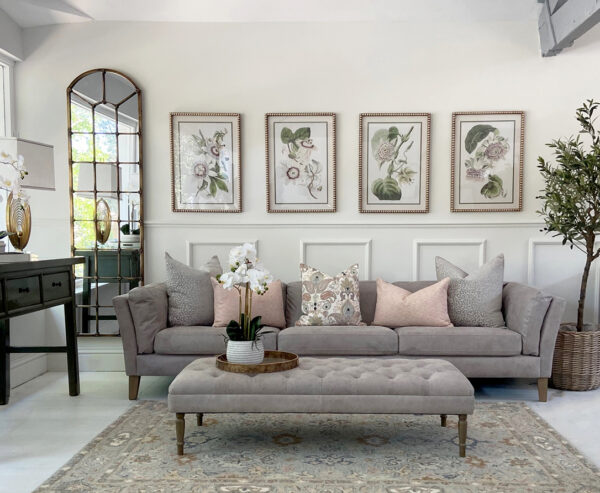 COMPLETE LIVING ROOM SET - EX-DISPLAY - Lars 4 Seater in Ash Grey Leather, Fujian Console in Moss and Clarence Footstool in Ash Grey Leather
