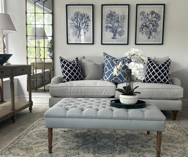COMPLETE LIVING ROOM SET - Burleigh 3 Seater Sofa in Linnet Dove, Upholstered Footstool in Arran Dove & Ariso Rug