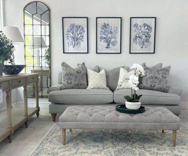 COMPLETE LIVING ROOM SET - Highmore 3 Seater Sofa in Vole, Clarence Footstool in Ash Grey Leather and Tall Arched Mirror