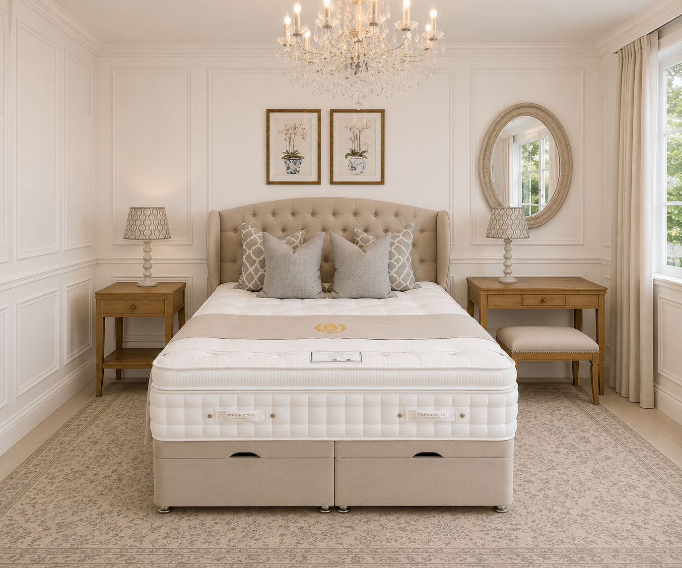 COMPLETE BED - King Size Chelsea Winged Headboard, Ottoman Divan Base & 3500 Windsor Mattress
