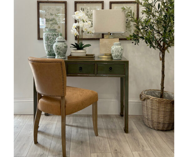 COMPLETE SET - EXDISPLAY - Oriental Style Lijang Desk in Grey & Lars Dining Chair in Tobacco Leather