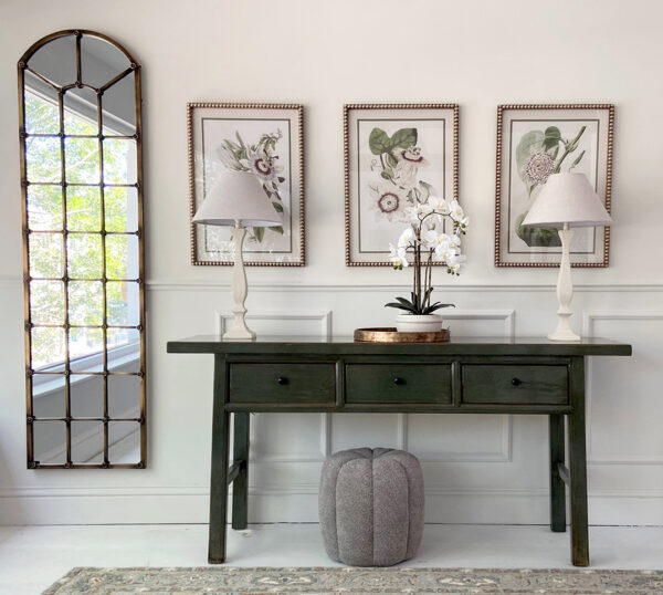 COMPLETE HALLWAY SET - EX-DISPLAY - Fujian Console in Moss, Tall Arched Mirror and 2 Eleanor Lamps Including Shade
