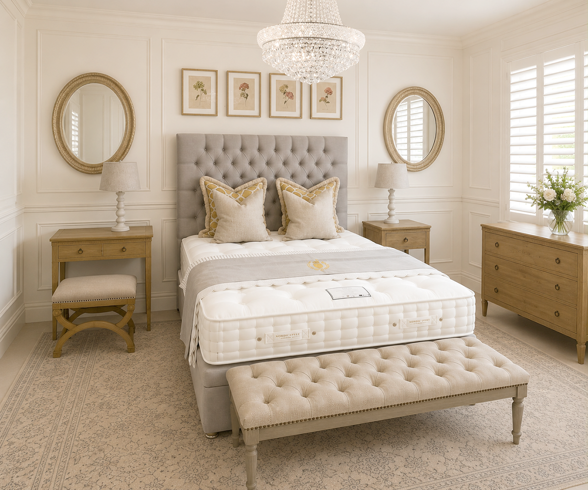 COMPLETE BED - King Size Richmond Luxe 60" Headboard, Divan Base with One Drawer & 2000 Sandringham Mattress