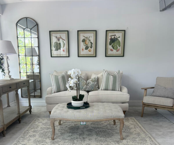 COMPLETE LIVING ROOM SET - Burleigh 2 Seater Sofa in Natural, Henrick Armchair, Florence Footstool and Ariso Rug in Stone