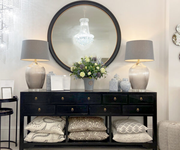 EX-DISPLAY - Oriental Style Dali Black 9 Drawer Console Table and Round Mirror, 120cm