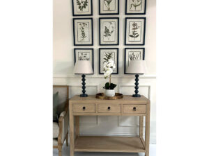 COMPLETE SET - 3 Drawer Console Table, Set of 9 Prints, 2 Lamps & Orchid
