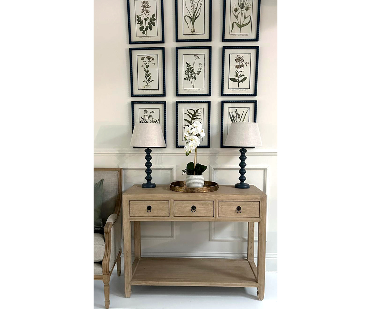 COMPLETE SET - 3 Drawer Console Table, Set of 9 Prints, 2 Lamps & Orchid