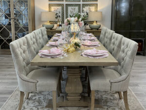Halland 240cm Dining Table with Oak Base and 8 Ava Dining Chairs in Linen