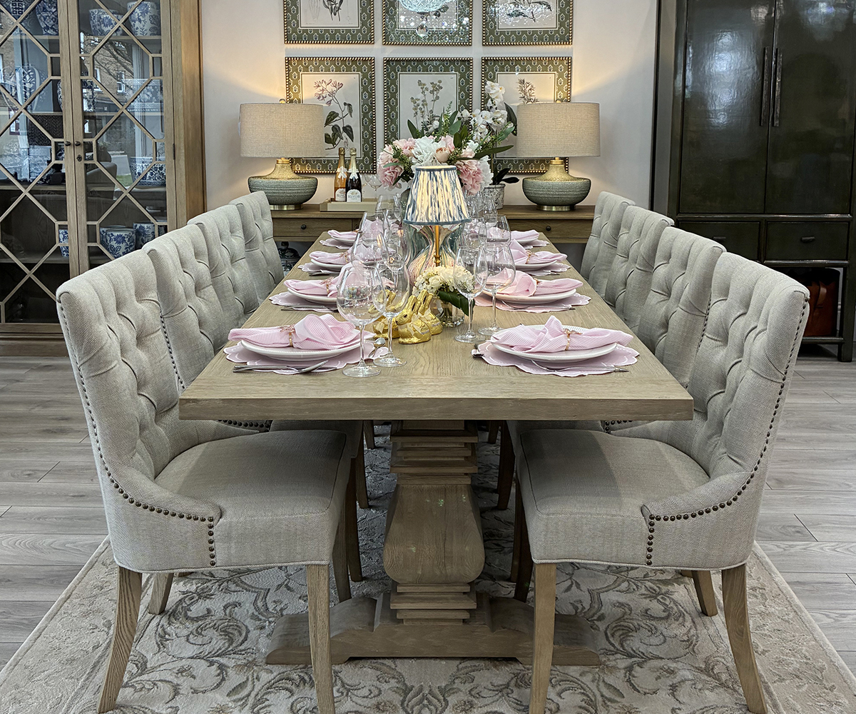 Halland 240cm Dining Table with Oak Base and 8 Ava Dining Chairs in Linen