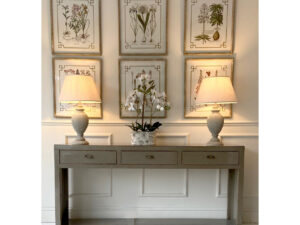 COMPLETE SET - Console Table, 2 Lamps, Set of 6 Prints  & Orchid in Oval Pot 