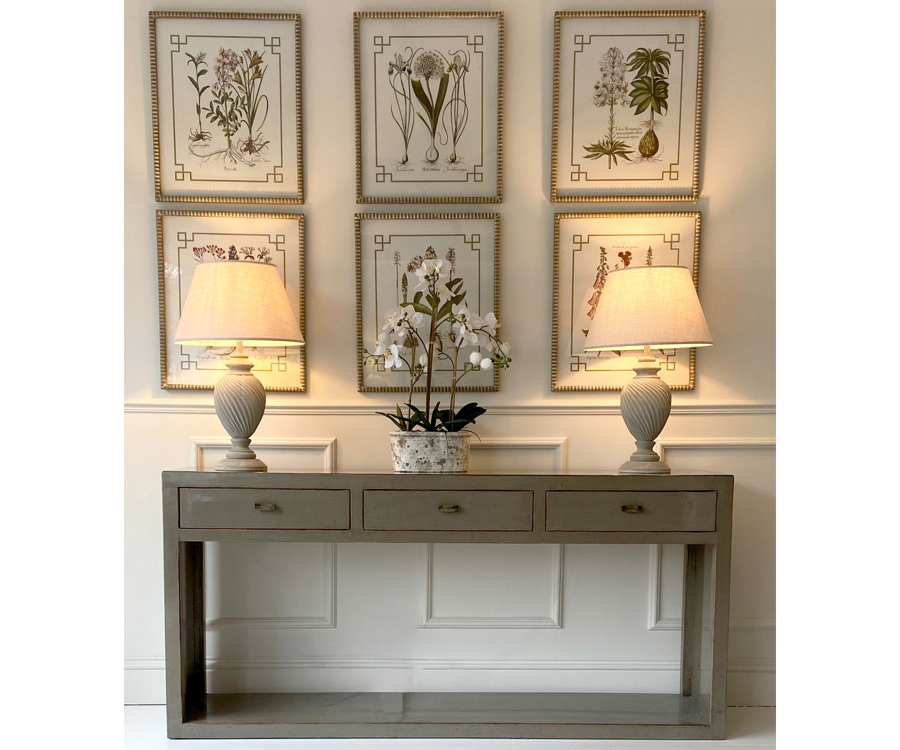 COMPLETE SET - Console Table, 2 Lamps, Set of 6 Prints  & Orchid in Oval Pot 