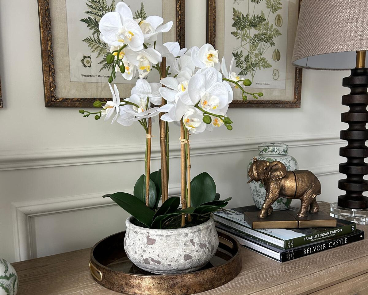 Real Touch Orchid in Round Stone Pot, 22.5"
