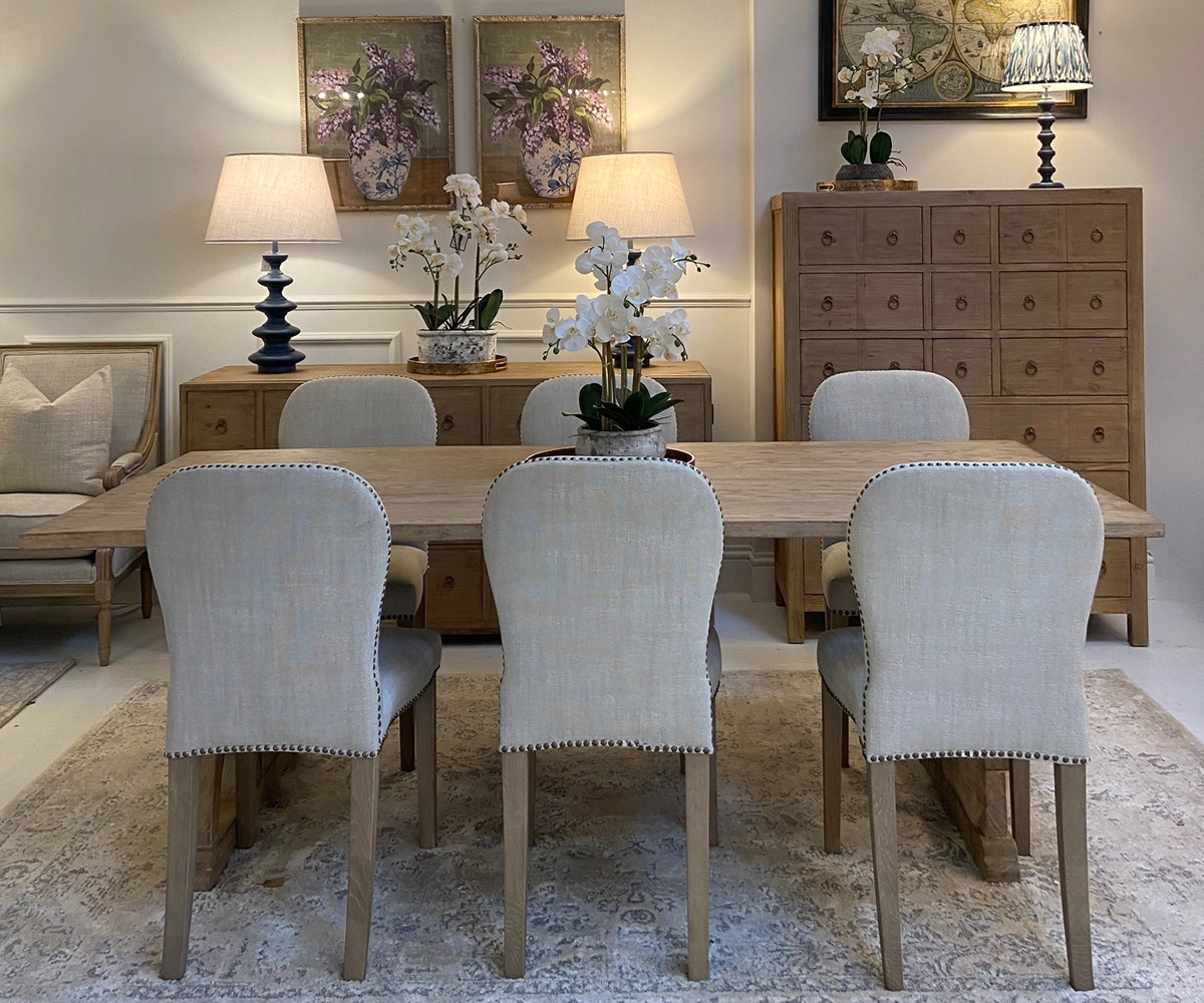 EX-DISPLAY - Theodore Dining Table, 220cm & 6 Henley Dining Chairs in Linen