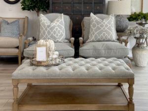 Astrid Deep Buttoned Coffee Table with Wooden Base in Swedish Grey