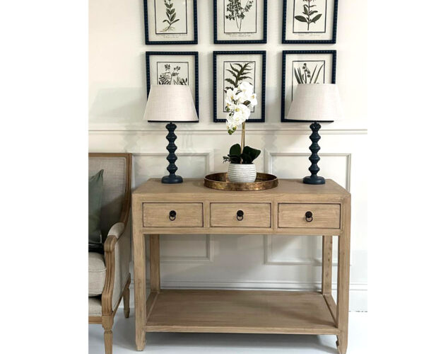 COMPLETE SET - 3 Drawer Console Table, Set of 9 Prints, 2 Lamps & Orchid