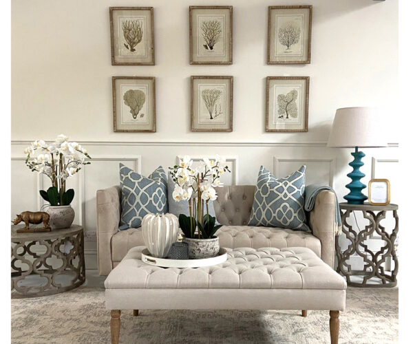 EX-DISPLAY - Lars 2 Seater Sofa in Clay Leather, Upholstered Footstool in Arran Linen, Ariso Rug in Stone & Set of 6 Framed Baros Reef