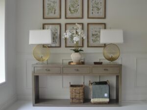COMPLETE SET - Console table, Set of 6 Botanical  Prints, 2 Lamps & Orchid in Cream Pot