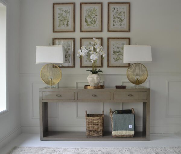 COMPLETE SET - Console table, Set of 6 Botanical  Prints, 2 Lamps & Orchid in Cream Pot