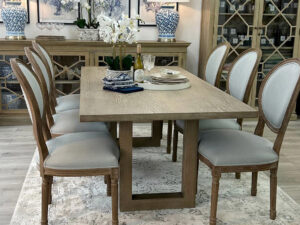 EX-DISPLAY - Newport Dining Table 200cm with 6 Markus Dining Chairs in Arran Dove Fabric