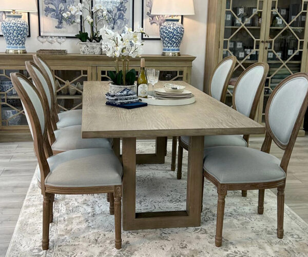 ONE SET ONLY - Newport Dining Table 200cm with 6 Marcus Dining Chairs in Arran Dove Fabric