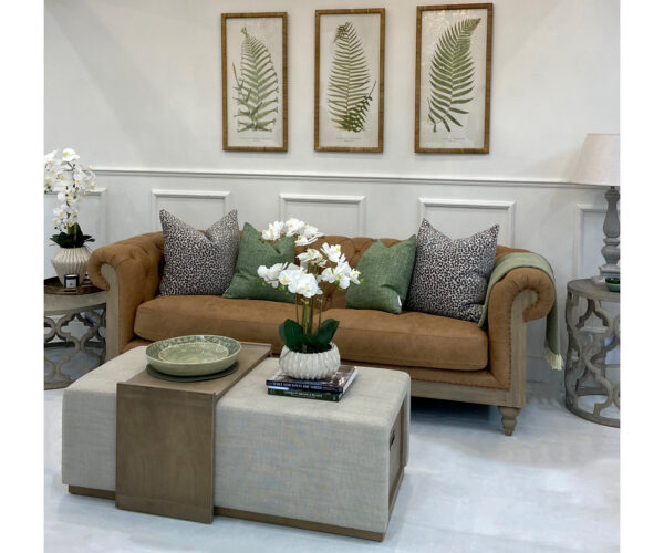 EX-DISPLAY - Deconstructed Theodore Sofa in Tobacco Leather, Brooklyn Coffee Table, Set of 3 Framed Ferns & Four Feather Filled Cushions