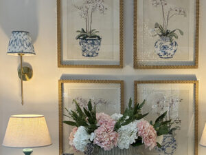 Gold LED Wall Light with Blue Sprig Shade