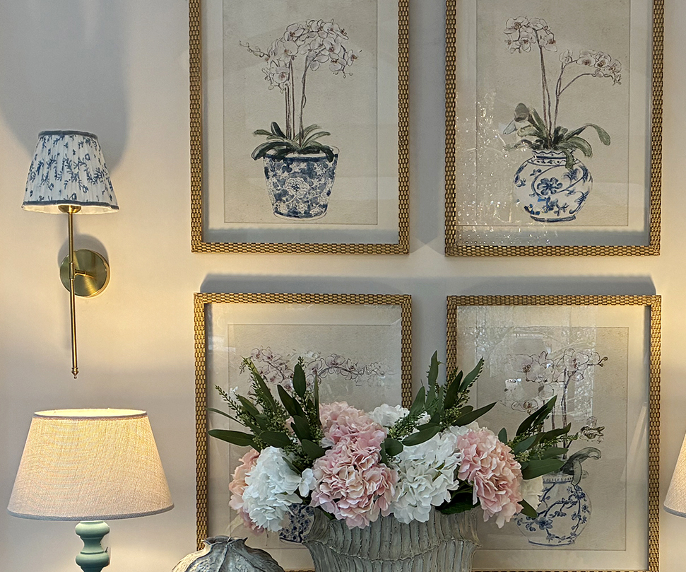 EX-DISPLAY - Pair of LED Gold Wall Lights with Blue Sprig Shades