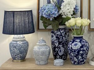 Blue & White Chinoiserie Lamp with Pleated Indigo Shade